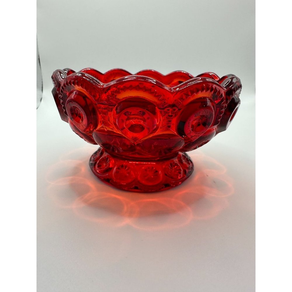 Vintage L E Smith Moon And Stars Amberina Pedestal Scalloped Edge Dish Bowl